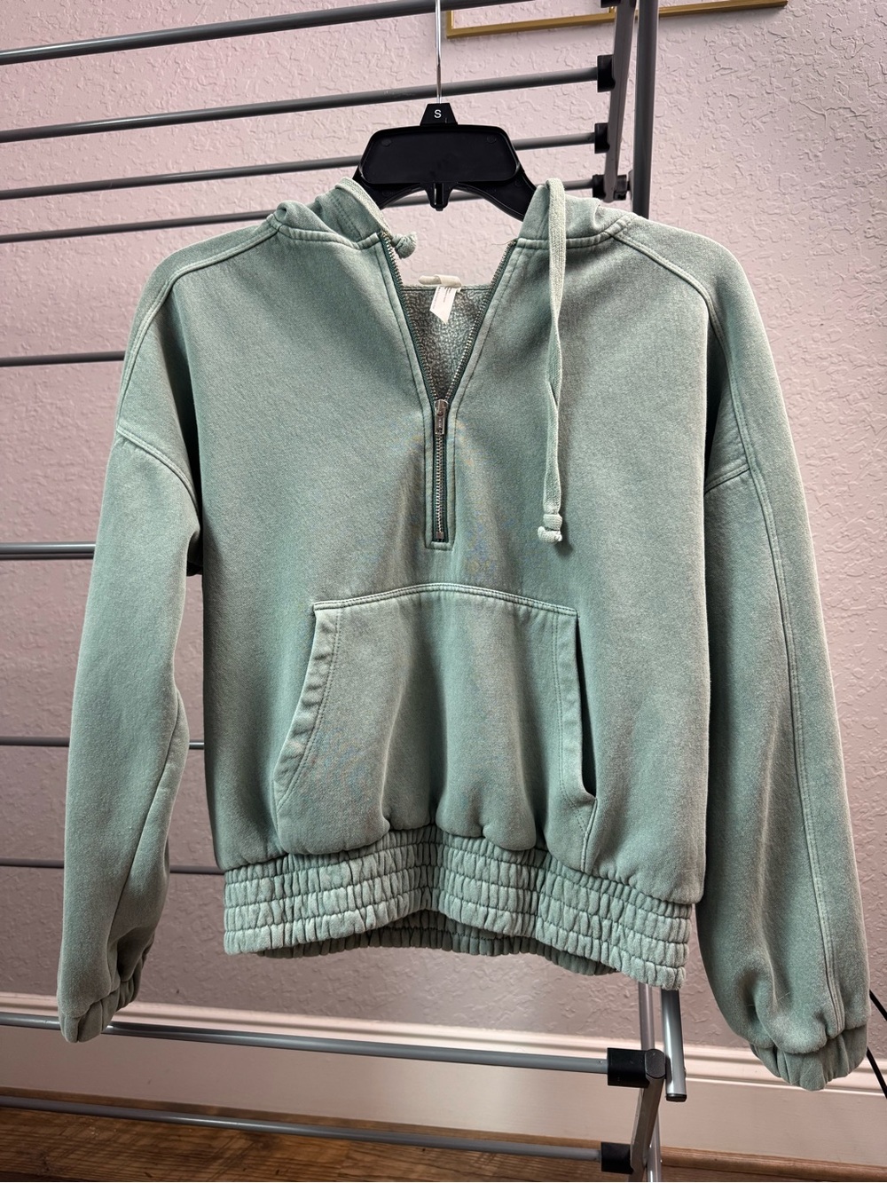 Free People Sage Green Half-Zip Hooded Sweatshirt